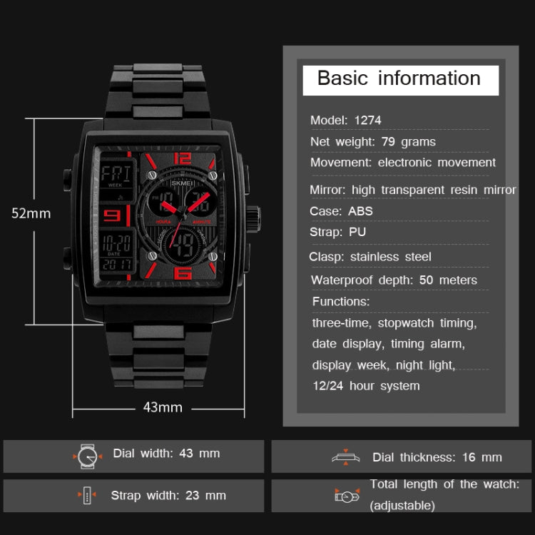 SKMEI 1274 Men Fashion Electronic Watch Multifunctional Outdoor Sports Watch