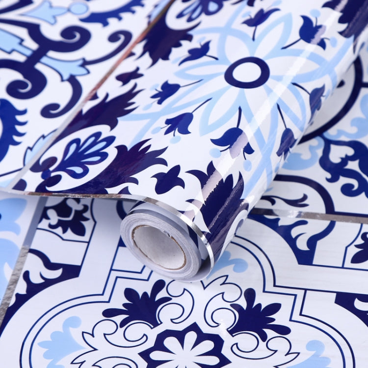 Kitchen Anti-Smoke Tile Wall Stickers Stove Wallpaper, Purple Vine, Blossoming Flowers, Blue Ans White Porcelain