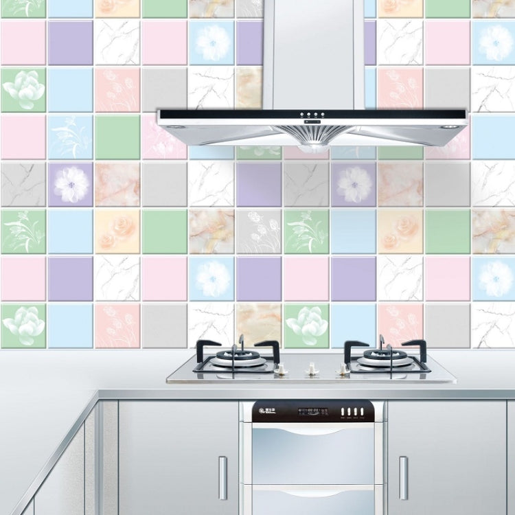 Kitchen Anti-Smoke Tile Wall Stickers Stove Wallpaper, Purple Vine, Blossoming Flowers, Blue Ans White Porcelain