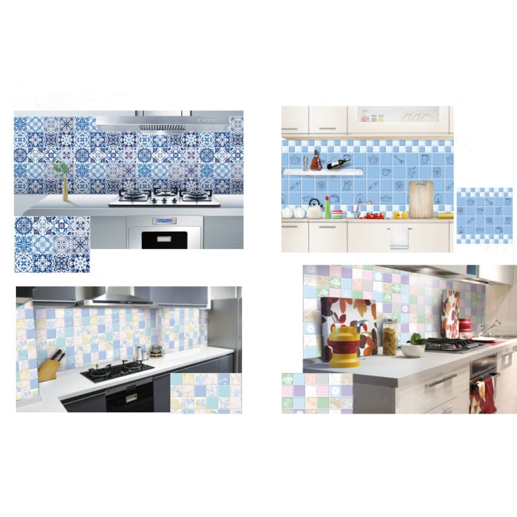 Kitchen Anti-Smoke Tile Wall Stickers Stove Wallpaper, Purple Vine, Blossoming Flowers, Blue Ans White Porcelain