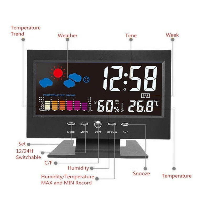ساعة توقعات الطقس 8082T شاشة LED ملونة تقويم دائم درجة الحرارة والرطوبة التحكم الصوتي الذكي ساعة منبه إلكترونية، المواصفات: أسود، أسود + USB