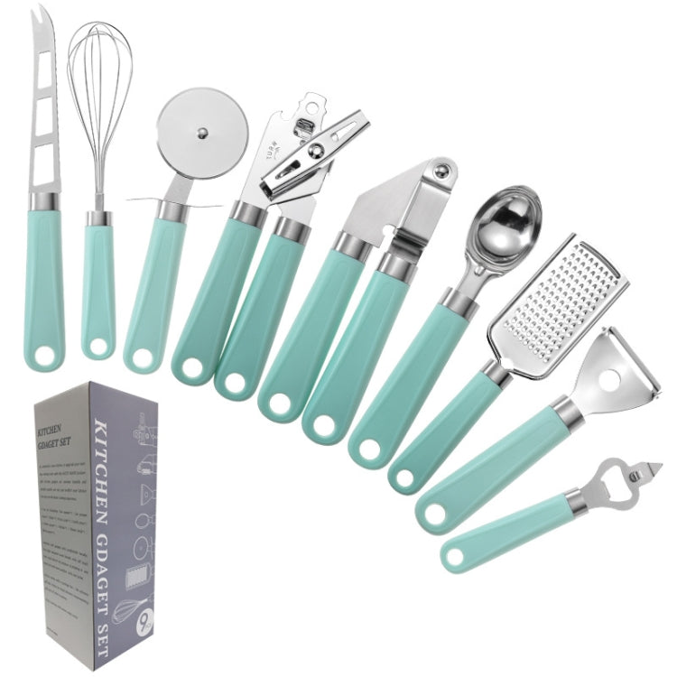 9 in 1 Plastic Handle Stainless Steel Kitchen Utensils Household Gadget Set, Cyan, Black