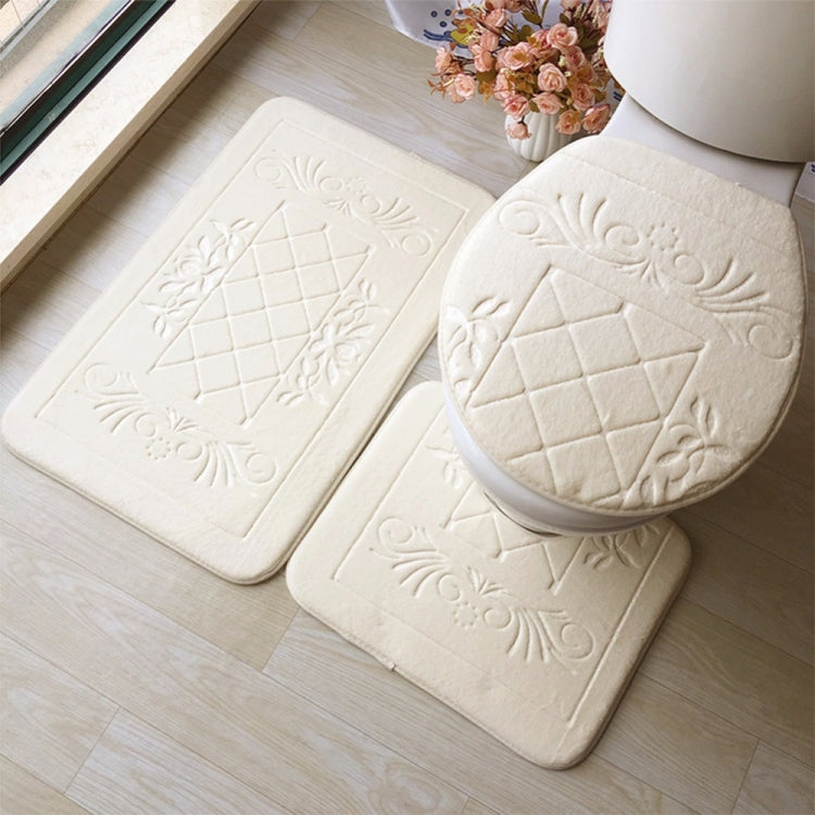 1 Set Three-Piece Set Flannel Anti-Slip Kitchen Bath Toilet Rug Mat Washable Carpet, White Printing, Purple Flower, Blue Cobblestone, Red Heart, Rose Red Flower