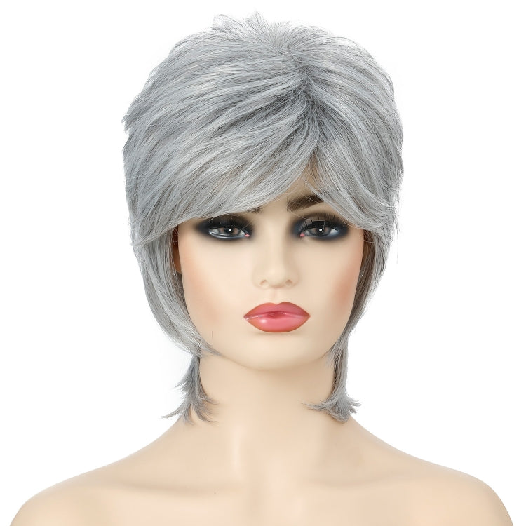 Short Hair Female Wigs Fluffy Fiber Set, Silver White