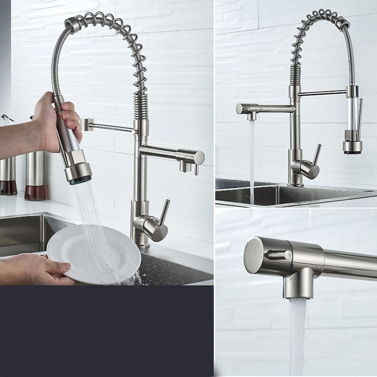 Copper And Nickel Brushed Double Outlet Spring Faucet Rotatable Kitchen Hot And Cold Water Faucet, Brushed Silver