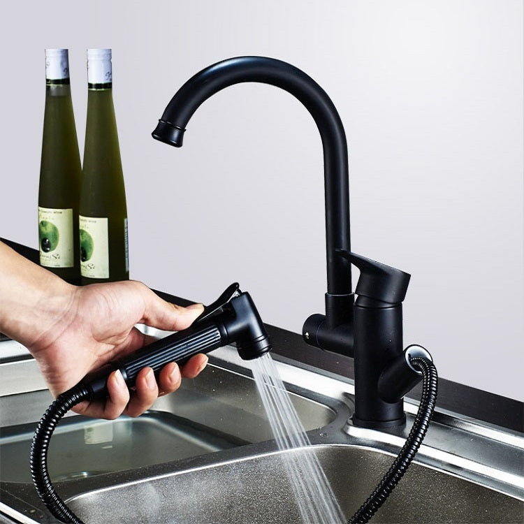 Kitchen Pull-Out Double Faucet Water Table Hot And Cold Water Faucet, Wheel Bending Pull, Round Spray Pull, Cube Spray Pull