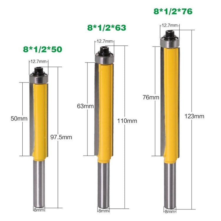 8-Handle Extended Trimming Cutter With Bearing Woodworking Line Milling Cutter, Specification:, 3 PCS/Set, 8x1/2x50.8mm, 8x1/2x63.5mm, 8x1/2x76.2mm