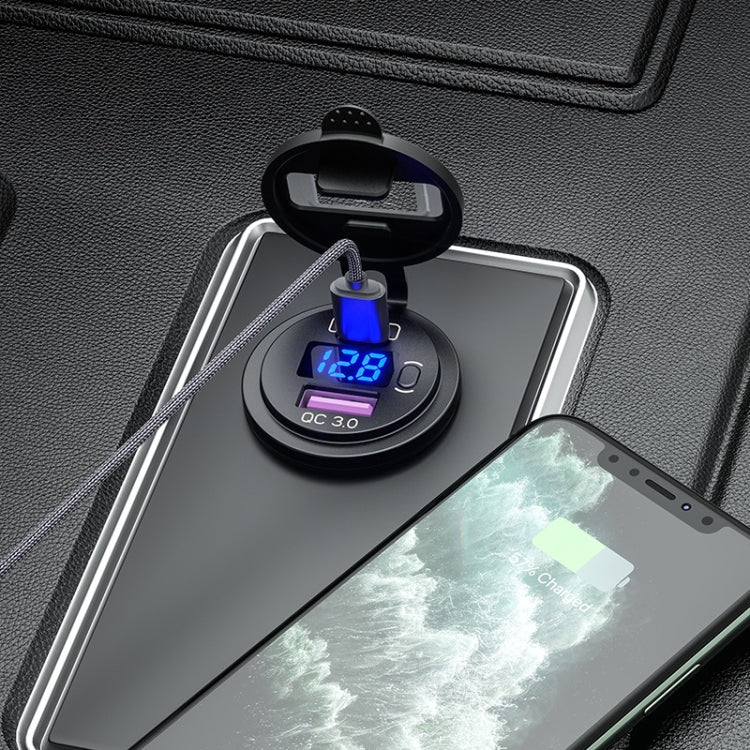 شاحن سيارة USB معدل 12 فولت مع شاشة عرض الجهد ومقبس PD QC3.0، مع ضوء أزرق طرفي، مع ضوء أحمر طرفي، مع ضوء أخضر طرفي، مع ضوء أزرق خط 60 سم، مع ضوء أحمر خط 60 سم، مع ضوء أخضر خط 60 سم