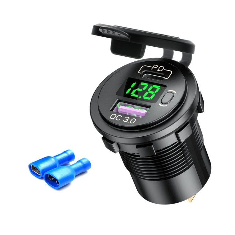 شاحن سيارة USB معدل 12 فولت مع شاشة عرض الجهد ومقبس PD QC3.0، مع ضوء أزرق طرفي، مع ضوء أحمر طرفي، مع ضوء أخضر طرفي، مع ضوء أزرق خط 60 سم، مع ضوء أحمر خط 60 سم، مع ضوء أخضر خط 60 سم