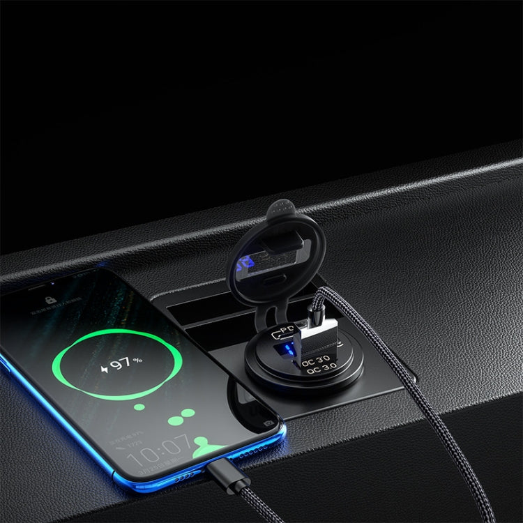 شاحن سيارة USB معدل 12 فولت مع شاشة عرض الجهد ومقبس PD QC3.0، مع ضوء أزرق طرفي، مع ضوء أحمر طرفي، مع ضوء أخضر طرفي، مع ضوء أزرق خط 60 سم، مع ضوء أحمر خط 60 سم، مع ضوء أخضر خط 60 سم