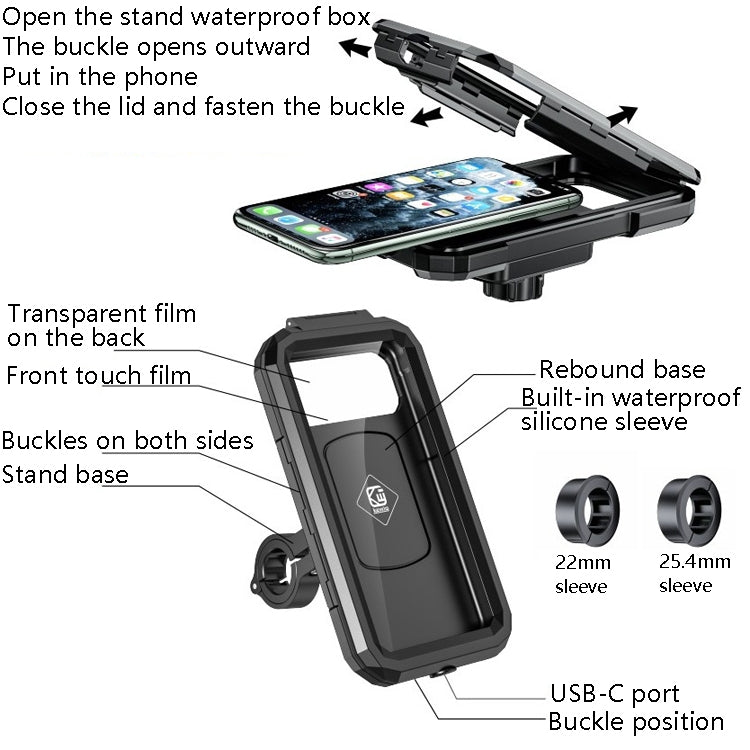 Kewig Bicycle Motorcycle Waterproof Box Mobile Phone Bracket Riding Touch Mobile Phone Fixed Seat, Small Handlebar Installation, Large Handlebar Installation