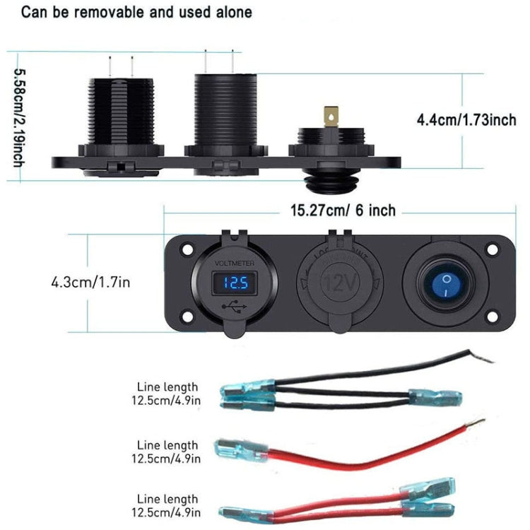 12-24V Car Ship Waterproof USB Charging Cigarette Lighter Master 3 In 1 Combined Panel Switch, 12-24V