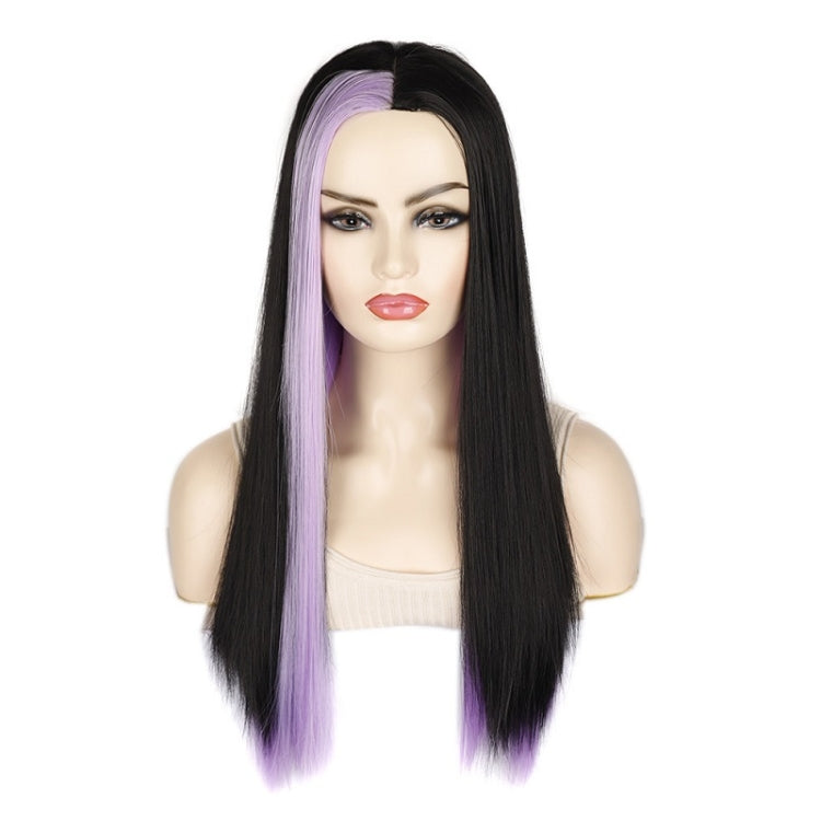 Fashion Medium Haircut Side Bangs Highlight Color Long Straight Wig, Black Ink Green, Black Royal Blue, Black Light Purple, Black Volet, Black Rose Red, Black Pink