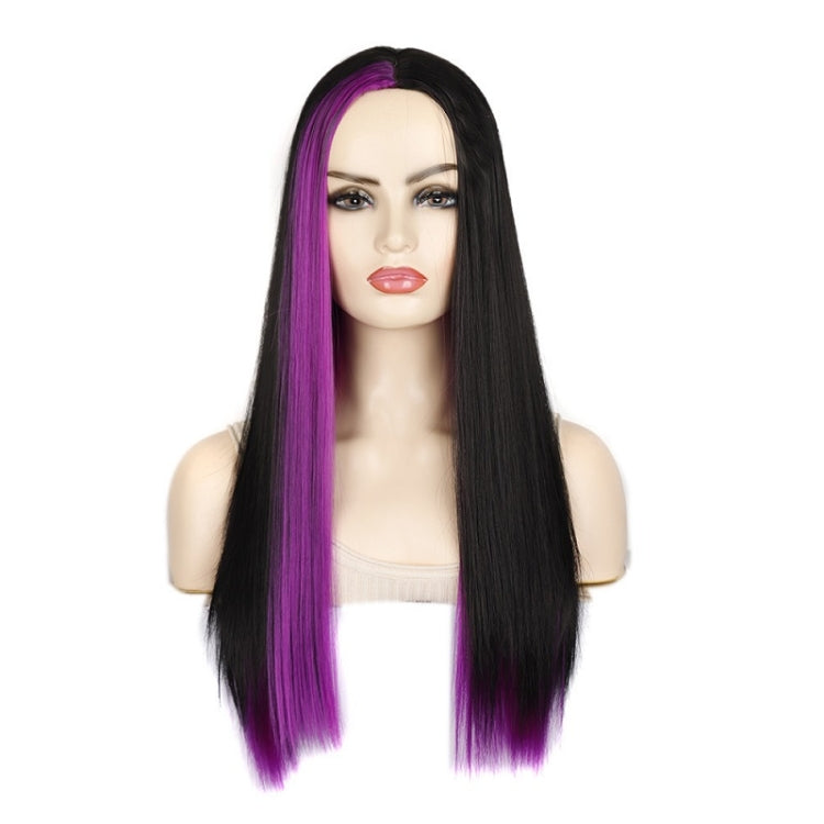 Fashion Medium Haircut Side Bangs Highlight Color Long Straight Wig, Black Ink Green, Black Royal Blue, Black Light Purple, Black Volet, Black Rose Red, Black Pink