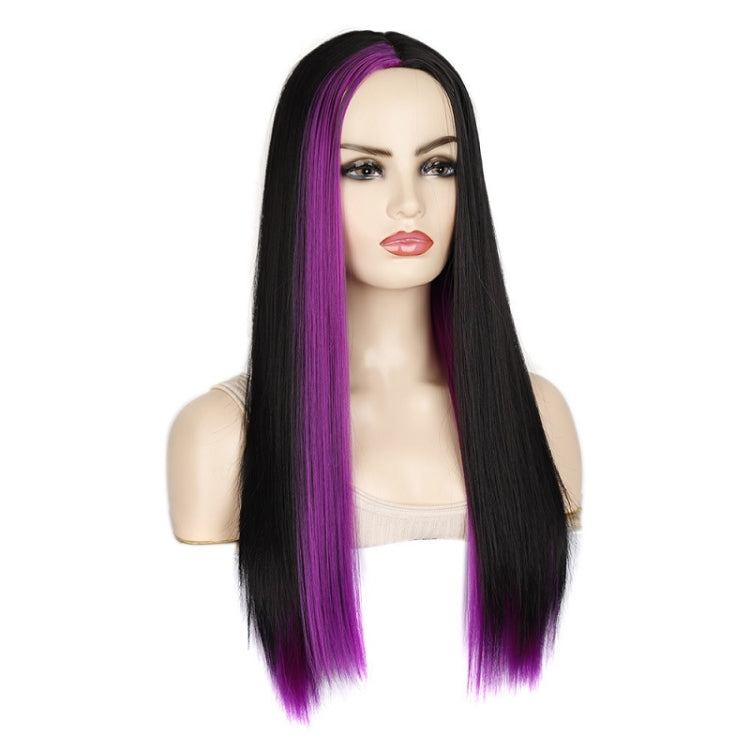 Fashion Medium Haircut Side Bangs Highlight Color Long Straight Wig, Black Ink Green, Black Royal Blue, Black Light Purple, Black Volet, Black Rose Red, Black Pink