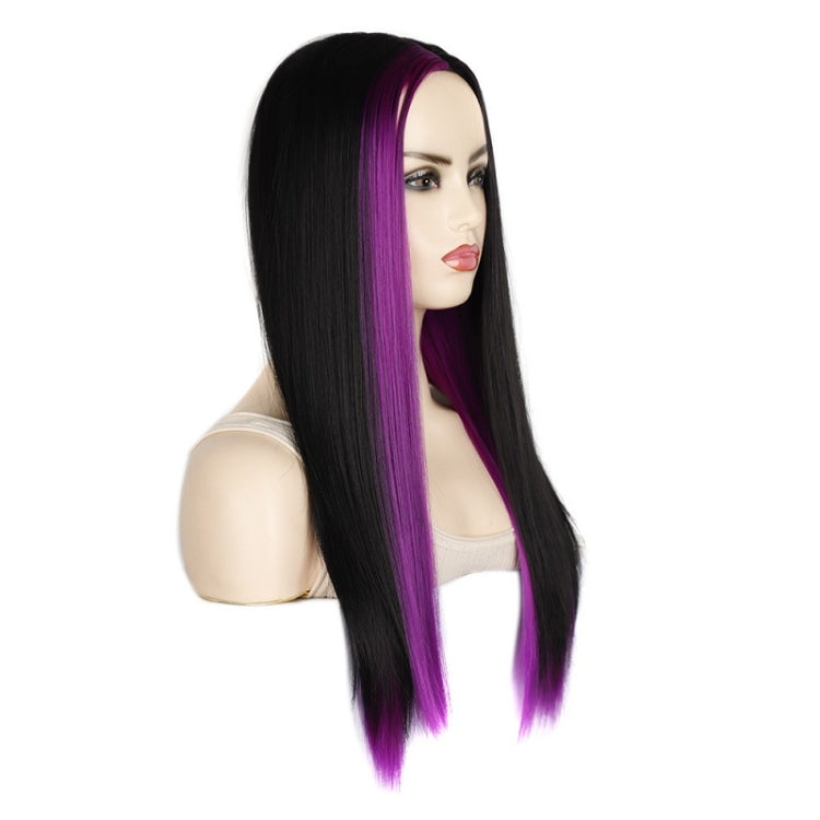 Fashion Medium Haircut Side Bangs Highlight Color Long Straight Wig, Black Ink Green, Black Royal Blue, Black Light Purple, Black Volet, Black Rose Red, Black Pink