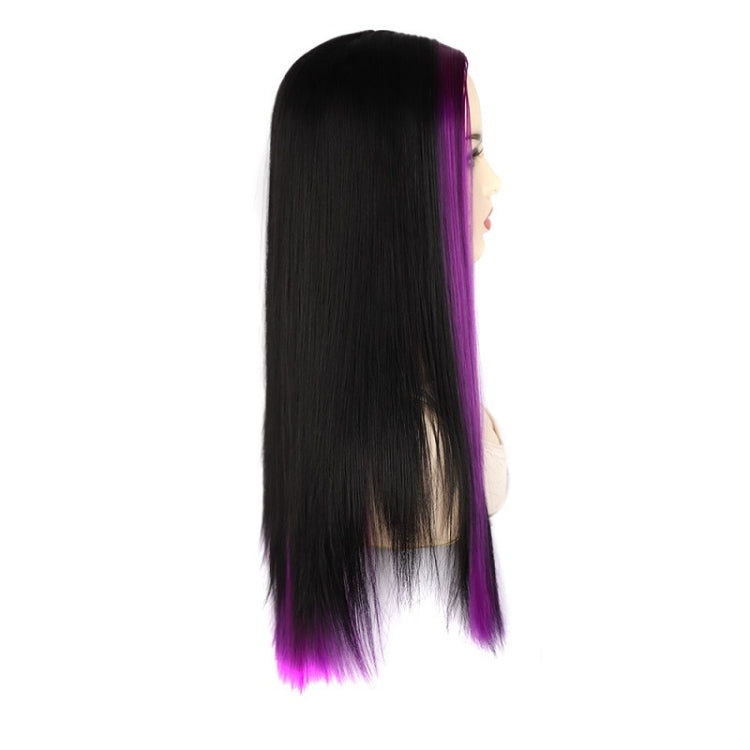 Fashion Medium Haircut Side Bangs Highlight Color Long Straight Wig, Black Ink Green, Black Royal Blue, Black Light Purple, Black Volet, Black Rose Red, Black Pink