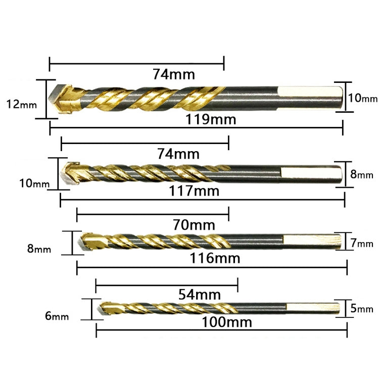 6mm Titanium-Plated King Drill Porcelain Brick Glass Brick Drill Punched Twist Triangle Drill, 6mm, 8mm, 10mm, 12mm, 6mm+8mm+10mm+12mm, 6mm+6mm+8mm+10mm+12mm