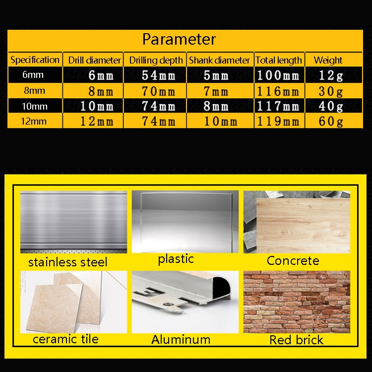 6mm Titanium-Plated King Drill Porcelain Brick Glass Brick Drill Punched Twist Triangle Drill, 6mm, 8mm, 10mm, 12mm, 6mm+8mm+10mm+12mm, 6mm+6mm+8mm+10mm+12mm