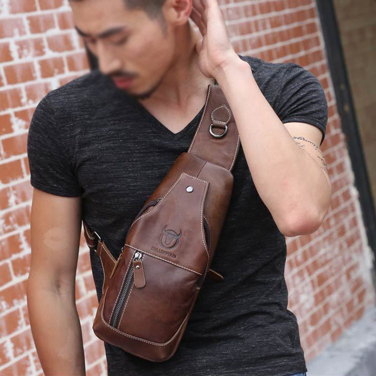 BULL CAPTAIN 019 Retro Men Leather Crossbody Shoulder Bag First-Layer Cowhide Chest Bag, Colour: Black + Buckle, Chestnut Brown, Yellow Brown, Gray Brown, Pure Black, Chestnut Brown + Buckle + Bracket, Black + Buckle + Bracket, Yellow + Buckle + Bracke...