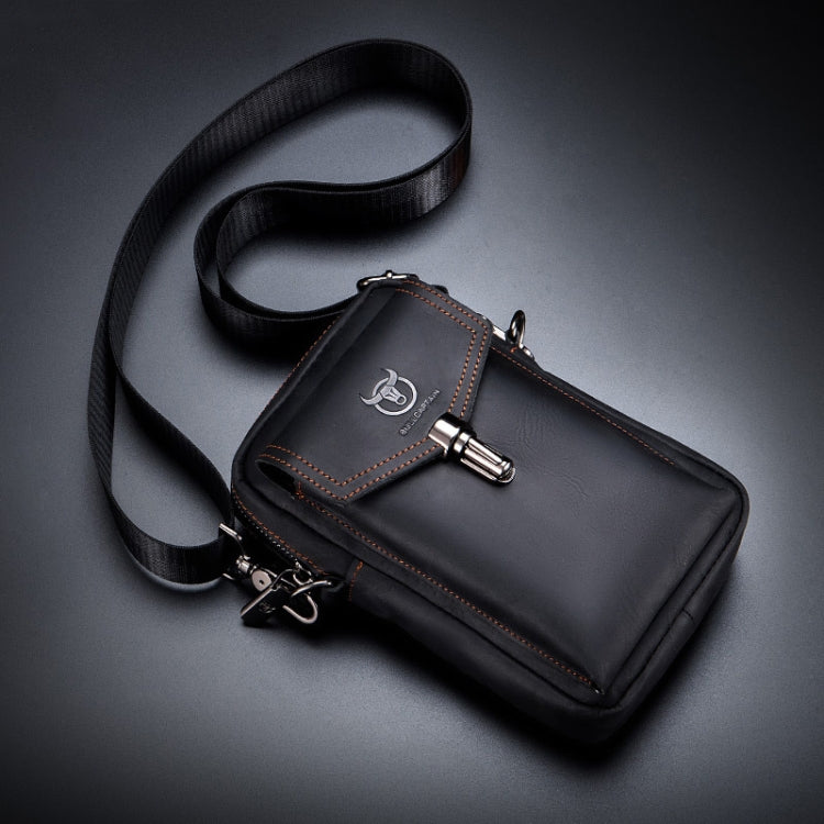 BULL CAPTAIN 076 Retro Leather Mobile Phone Waist Bag Men Leather Messenger Bag, Black, Brown