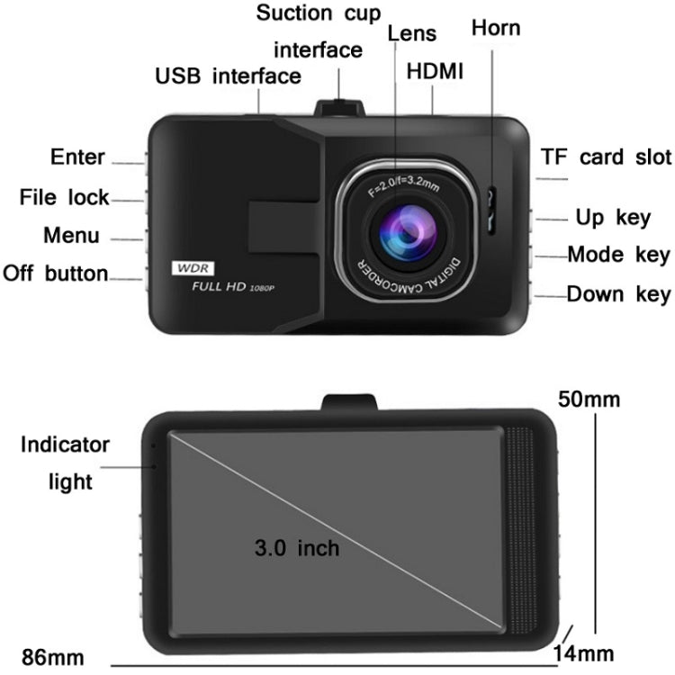 3.0 Inch HD 1080P Wide-Angle Driving Recorder With Reversing Image Specification:, Normal Definition Single Record(Black), HD Single Record(Black), HD Double Record(Black)