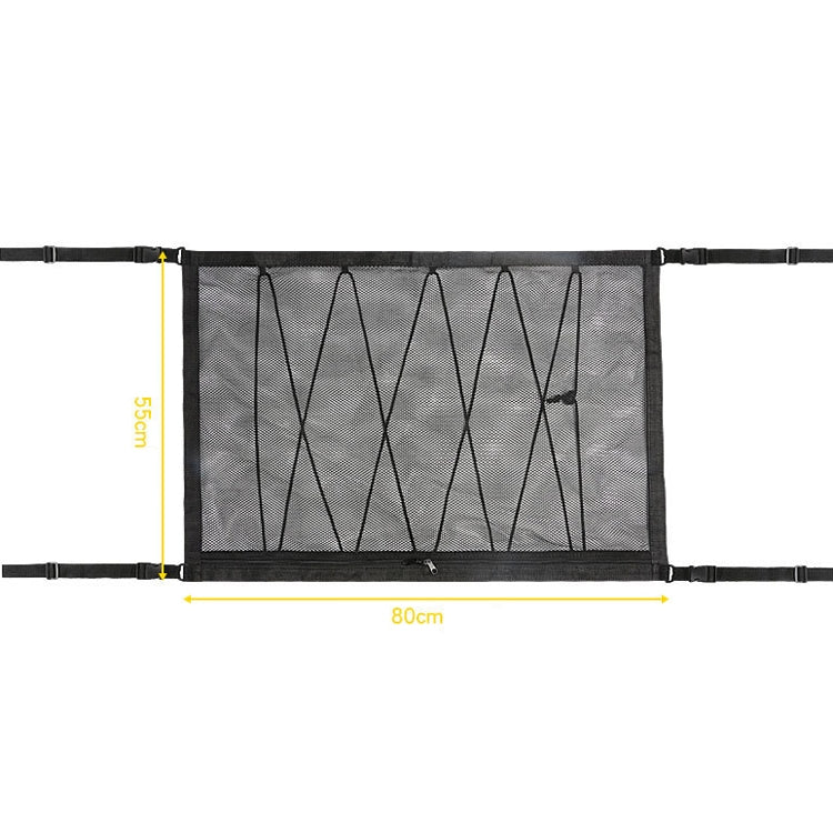 Car Ceiling Storage Net Bag Draw Rope Double-Layer Zipper Car Storage Net Pocket, 80x55cm