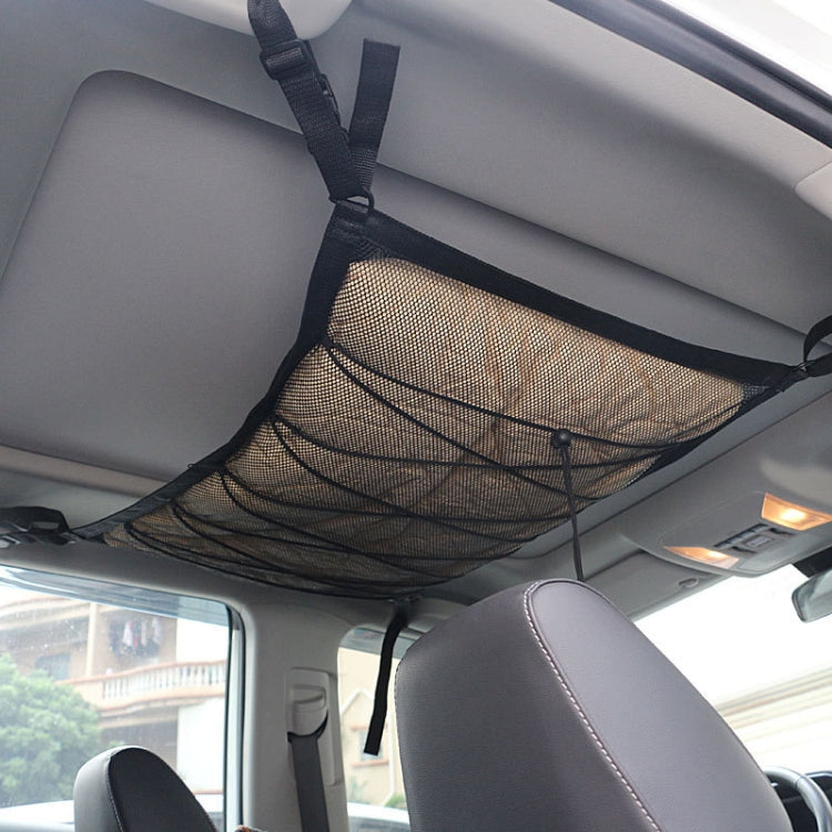 Car Ceiling Storage Net Bag Draw Rope Double-Layer Zipper Car Storage Net Pocket, 80x55cm