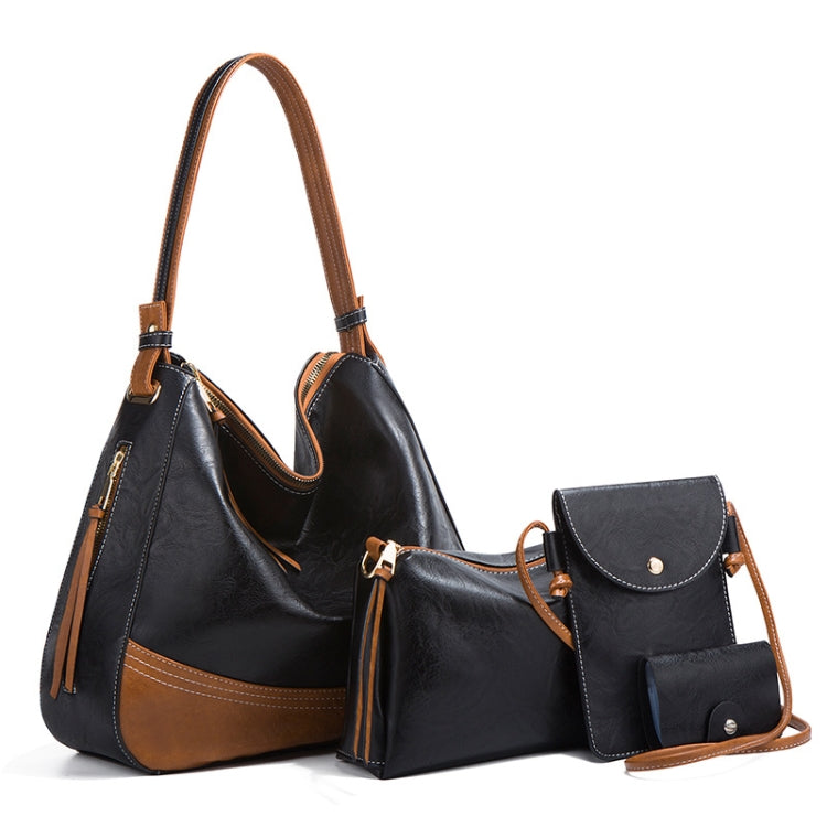 21506 4 in 1 Simple Color-Block Diagonal Handbags Fashion Large Capacity Soft Leather Bags, Navy Blue, Black, Dark Grey, Pink, Brown