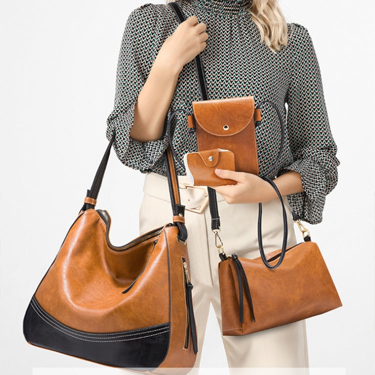 21506 4 in 1 Simple Color-Block Diagonal Handbags Fashion Large Capacity Soft Leather Bags, Navy Blue, Black, Dark Grey, Pink, Brown