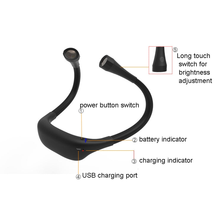 Hanging Neck Lamp Student Eye Protection Led Reading Lamp USB Rechargeable Book Lamp, White, Black