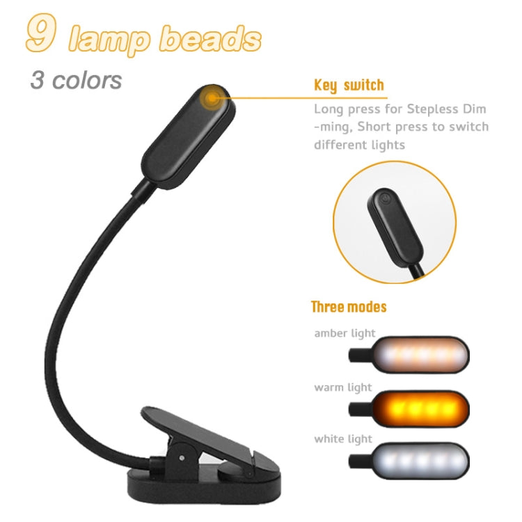9 LEDs Mini Clip Desk Lamp USB Charging Student Eye Protection Reading Lamp, Blue and White, Black