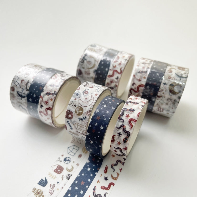 3 Sets/9 Rolls 4585 3m Paper Bronzing Hand Account Tape Set, Rainbow Geometry, Emerald Green, Flower Leaves, Blues, Golden, Magic, Graffiti, Small Latches, Small Bits, Starry Sky