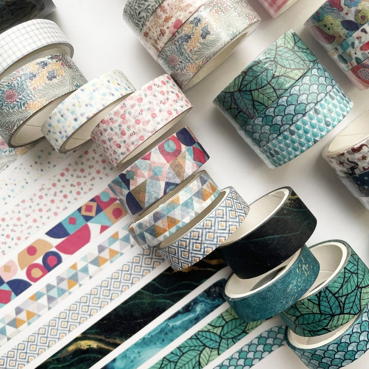 3 Sets/9 Rolls 4585 3m Paper Bronzing Hand Account Tape Set, Rainbow Geometry, Emerald Green, Flower Leaves, Blues, Golden, Magic, Graffiti, Small Latches, Small Bits, Starry Sky