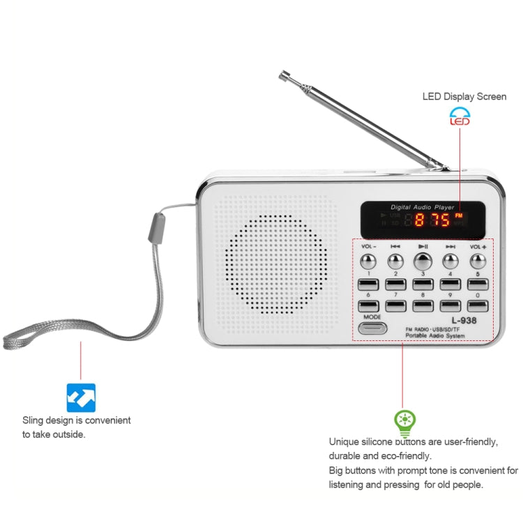 L-938 MP3 Audio Player FM Radio Support SD MMC Card AUX-IN Earphone-out