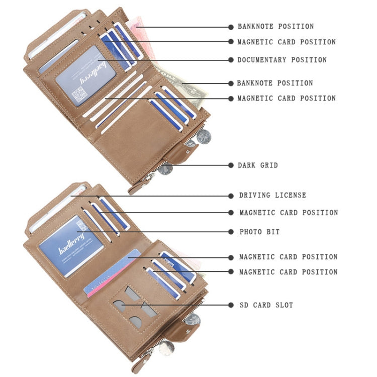 Baellerry D3218 Men Short Multi-Card Slot Zipper Wallet Large Capacity Card Holder, Khaki, Black, Brown