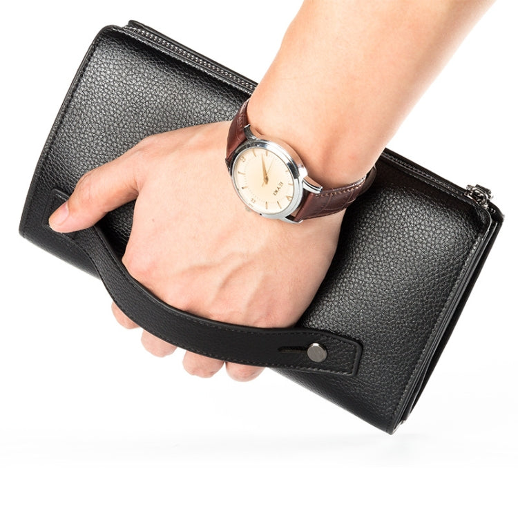Baellerry Men PU Leather Clutch Business Casual Lychee Pattern Zipper Wallet, Black, Brown