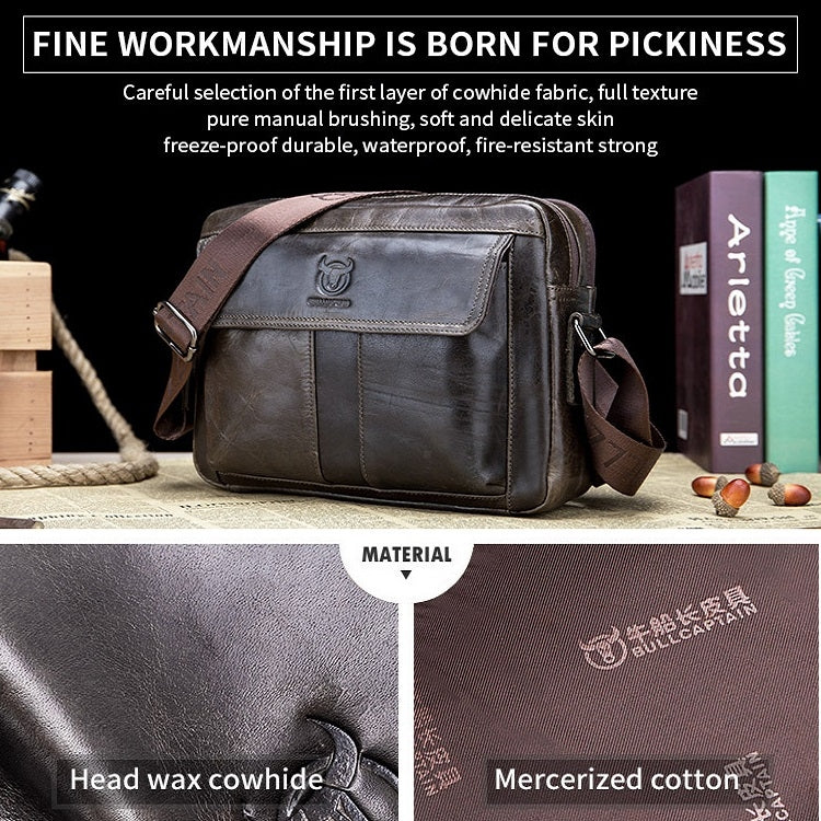 BULL CAPTAIN Double Layer Leather One Shoulder Messenger Bag For Men, Yellow Brown, Beige, Iron Blue