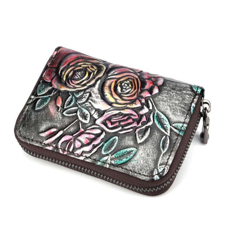 Zip Multi-card Hand-painted Organ Leather Card Holder, Red, Green, Silver