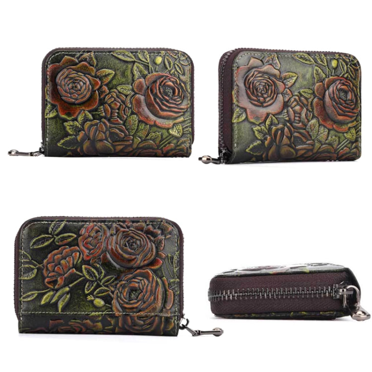 Zip Multi-card Hand-painted Organ Leather Card Holder, Red, Green, Silver