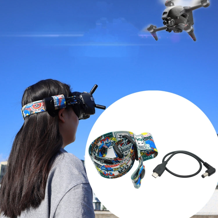 نظارات فيديو الطيران مع عصابة رأس ملونة بنقشة جرافيتي وحزام ثابت لنظارات DJI FPV V2، حزام، حزام + سلك طاقة، حزام + سلك طاقة + وسادة