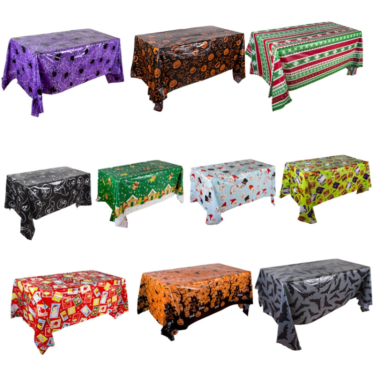 Christmas Halloween Party Event Decoration Tablecloth, Orange Pumpkin, Black Pumpkin, Black Ghost, Gray Bat, Green Pumpkin, Purple Spider, Red Snowman, Geometry, Blue Snowman, Green Biscuits