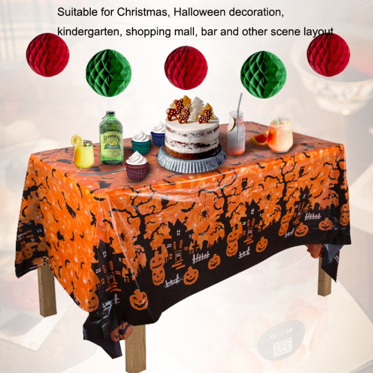 Christmas Halloween Party Event Decoration Tablecloth, Orange Pumpkin, Black Pumpkin, Black Ghost, Gray Bat, Green Pumpkin, Purple Spider, Red Snowman, Geometry, Blue Snowman, Green Biscuits