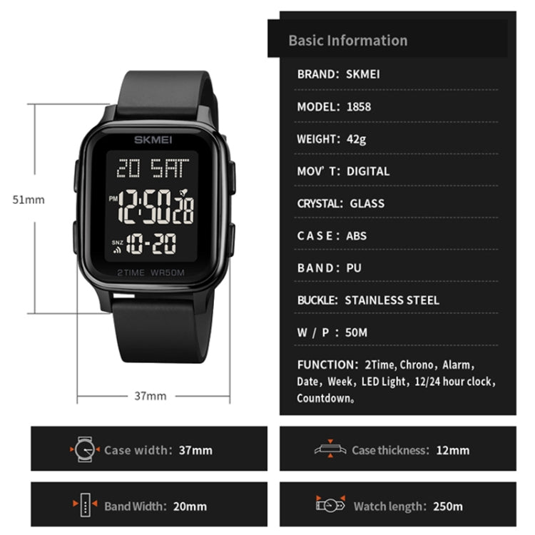 SKMEI 1858 Square Waterproof Digital Dual Display LED Luminous Watch
