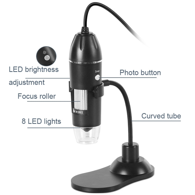 مجهر رقمي محمول باليد A8 50X-1000X مزود بحامل خرطوم USB مزود بإضاءة LED، A8 50X-1000X