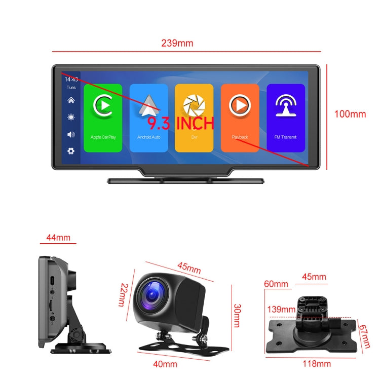 A3073 HD Wired 9.3 Inch 1 To 1 Smart Player With Wireless Carplay Two-way Video Split-screen Display, A3073 9.3 Inch