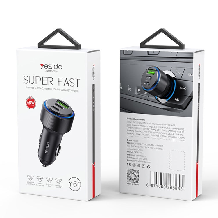 شاحن سيارة سريع من يسيدو Y50 بمنفذ USB 3.0، 30 واط، مصنوع من سبائك الألومنيوم، بتقنية PD، شحن سريع، Y50