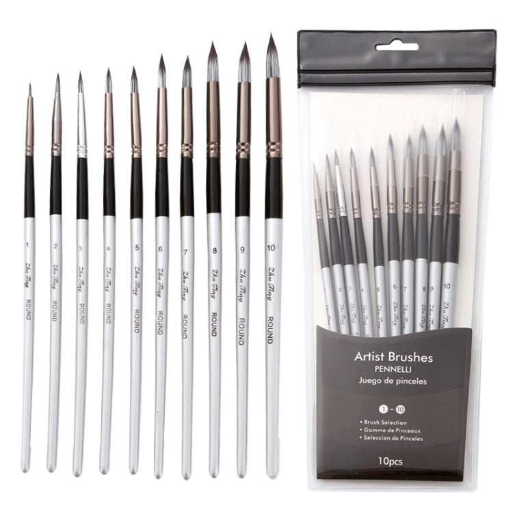 10 In 1 Nylon Hair Watercolor Paint Brush Set Wooden Handle Round Pointed Acrylic Painting Pens, 10 In 1