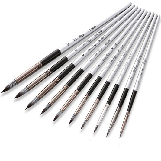 مجموعة فرش الرسم بالألوان المائية المصنوعة من شعر النايلون 10 في 1، بمقبض خشبي، أقلام رسم أكريليك مستديرة مدببة، 10 في 1