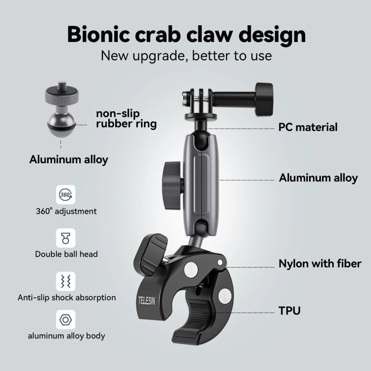 TELESIN Aluminum Alloy Crab Claw Handlebar Tube Clamp For Sports Camera Mobile Phones